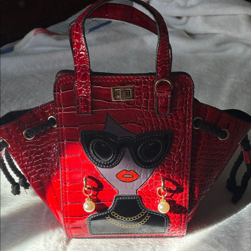Red Designer Women's Bag with Unique Face Design